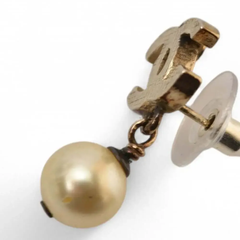 CHANEL Gold Pearl Logo Earrings